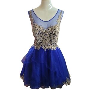 Fiesta Fashion Bright Blue Gold Embroidered Jeweled Prom Dress Size XXL Juniors